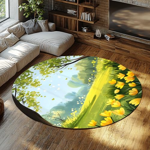 UERWOWELL Cartoon Style 150cm Runder Teppich Gelbe Tulpe & Grünes Waldwiesenmuster Dünne Fußmatten für Terrasse Veranda Wohnkultur UERWOWELL Cartoon Style 150cm Runder Teppich Gelbe Tulpe & Grünes Waldwiesenmuster Dünne Fußmatten für Terrasse Veranda Wohnkultur von UERWOWELL