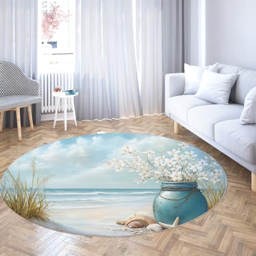 UERWOWELL Coastal Beach Runde Teppiche Rutschfestes dünnes blaues Glas mit weißen Blumen Muscheln Grünes Grasmuster Bodenteppich für Wohnzimmer 180cm UERWOWELL Coastal Beach Runde Teppiche Rutschfestes dünnes blaues Glas mit weißen Blumen Muscheln Grünes Grasmuster Bodenteppich für Wohnzimmer 180cm von UERWOWELL
