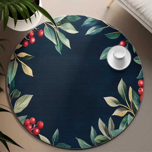UERWOWELL Dunkelblauer runder Teppich 90cm Natur Blatt Beerenmuster weiche niedrigflorige Bodenmatte waschbare Weihnachtsdekoration für Wohn-Esszimmer-Küche UERWOWELL Dunkelblauer runder Teppich 90cm Natur Blatt Beerenmuster weiche niedrigflorige Bodenmatte waschbare Weihnachtsdekoration für Wohn-Esszimmer-Küche von UERWOWELL