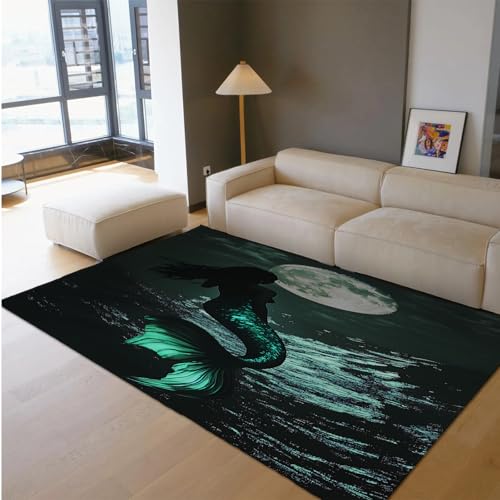 UERWOWELL Fantasie Mondschein dünne Teppiche mythische Themen Meerjungfrau Druck großer Boden Teppich für Wohnzimmer Schlafzimmer Küstenstil Wohnkultur 120x240cm von UERWOWELL