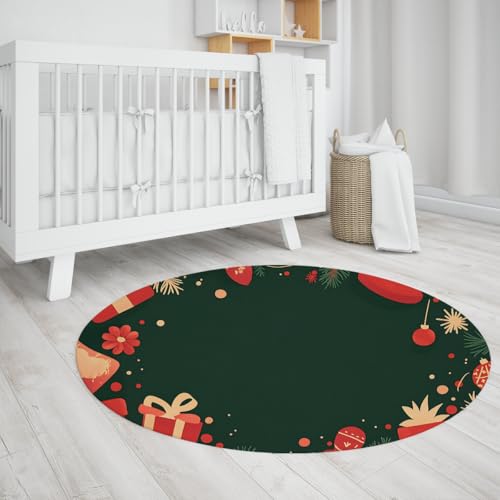 UERWOWELL Festliches Thema Runder Teppich Weihnachtskugeln und Schachtelmuster Gemütliche waschbare niedrigflorige Fußmatten für das Wohnzimmer Büro tragbar faltbar 160cm von UERWOWELL