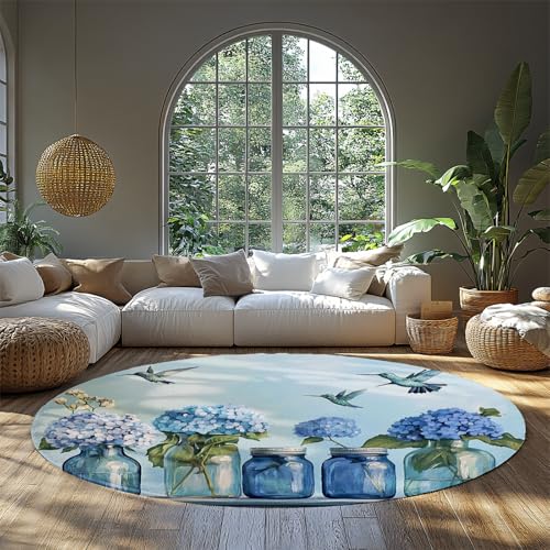 UERWOWELL Floral & Birds Runder Teppich 140cm Blaue Hortensie & Glas Vase Muster rutschfeste dünne runde Yogamatte für Wohnzimmer Küche Bauernhaus von UERWOWELL