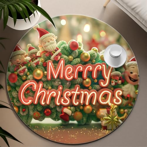 UERWOWELL Frohe Weihnachten Runder Teppich Bunte Weihnachtskugeln Weihnachtsmann Muster Gemütliche waschbare niedrigflorige Fußmatten für Wohnzimmer Schlafzimmer 90cm von UERWOWELL