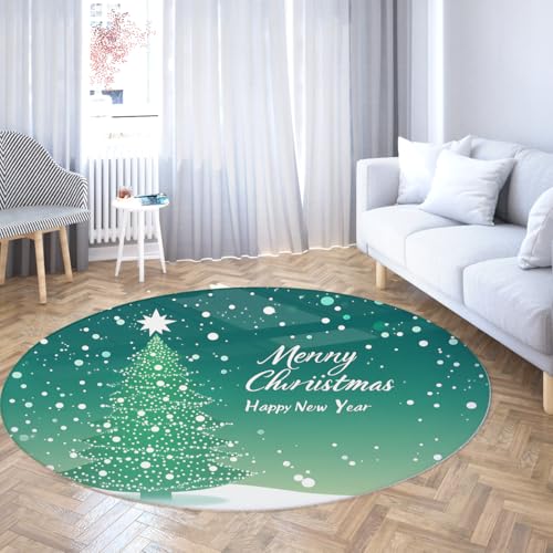 UERWOWELL Frohe Weihnachten Runder Teppich Grün Weihnachtsbaum Weiß Polka Dots Muster Gemütliche niedrige Flor Fußmatten für Wohnzimmer Schlafzimmer Neujahr Dekor 90cm von UERWOWELL