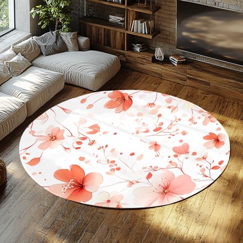 UERWOWELL Frühling Pfirsich Blüte 160cm - Runde Teppiche Rosa und Rot Botanisches Blumenmuster Dünne Bodenmatte für Wohnzimmer Schlafzimmer Schlafsaal von UERWOWELL