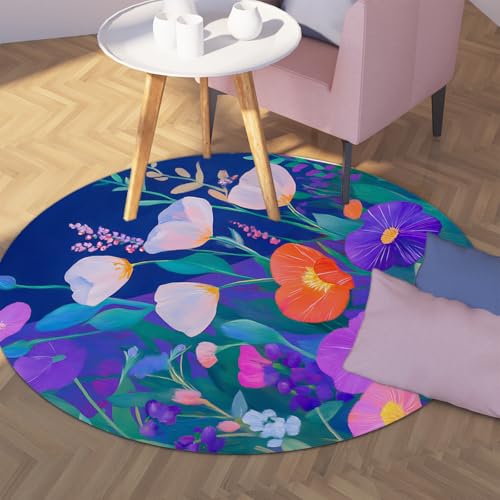 UERWOWELL Garten Blumen 140cm - Runde Teppiche Boho Stil Bunte Blumen Dünner Innenteppich für Wohnzimmer Schlafzimmer Büro Sofa Gemütlich Waschbar von UERWOWELL