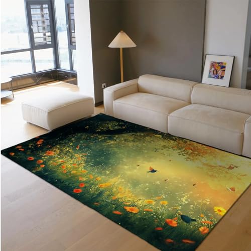 UERWOWELL Garten Küche Teppich rutschfest Waschbar Verträumte Blumenfelder und Vögel Muster Dünne Fußmatten für Wohnzimmer Schlafzimmer Flur Läufer 60x90cm von UERWOWELL