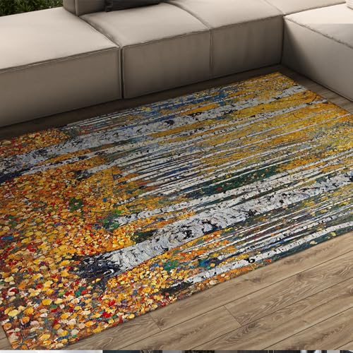 UERWOWELL Gefallene Blätter Teppich Ölgemälde Stil Herbst Birke Wald Muster Dünne Fußmatten für Wohnzimmer Schlafzimmer Schlafsaal Waschbar rutschfest 150x200cm von UERWOWELL