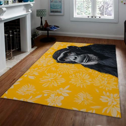 UERWOWELL Gelbe Blumenteppiche Schwarz Gorilla Muster Dünner Teppich für Waschküche Schlafzimmer Küche Flur Eingangsbereich rutschfest Waschbar 80x150cm von UERWOWELL
