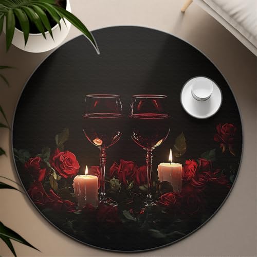 UERWOWELL Gemütliche runde Teppiche 90cm romantischer Valentinstag Kerzenlicht rote Rosen Druck dünner Kreis Teppich für Nachttisch Wohnzimmer Restaurant Bar von UERWOWELL