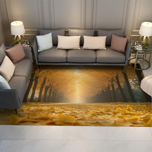 UERWOWELL Golden Ginkgo Leaf Pathway Teppich Herbstbaum Avenue Rutschfester Teppich für Wohn- oder Schlafzimmer, von der Natur inspirierte Herbstdekorations-Bodenmatte 150x240cm von UERWOWELL