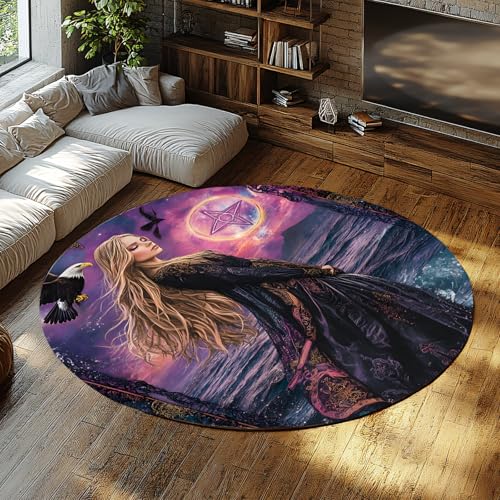 UERWOWELL Gothic Runder Teppich Mystisches Mädchen am Meer mit Adler und Sternenmuster Runde Teppiche für Wohnzimmer Schlafzimmer Studio Low Flor 120cm von UERWOWELL