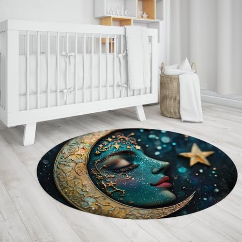 UERWOWELL Gothic Stil Low Pile Circle Teppiche Mystisches Mondgesicht verträumte Sterne und Monddruck Runder Teppich für Festival Party Spielzimmer waschbar 140cm UERWOWELL Gothic Stil Low Pile Circle Teppiche Mystisches Mondgesicht verträumte Sterne und Monddruck Runder Teppich für Festival Party Spielzimmer waschbar 140cm von UERWOWELL