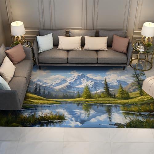 UERWOWELL Groß Landschaft Teppiche Schnee Berge Bäume Wassergras See Reflexion Druck Boden Teppich Wohnzimmer Arbeitszimmer Schlafzimmer Büro Waschbar 150x200cm von UERWOWELL