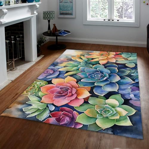 UERWOWELL Große weiche abwaschbare Fläche Teppich Aquarell Sukkulente Pflanzenmuster rutschfeste dünne Teppiche für Küche Esszimmer Konferenzraum Terrasse 140x200cm von UERWOWELL