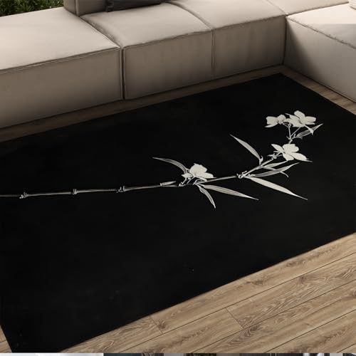UERWOWELL Großer schwarzer Teppich Minimalistisches Design Eleganter orientalischer Bambus Weiß Blumendruck Dünne Teppiche für Wohnzimmer Arbeitszimmer Schlafzimmer Küche 140x200cm von UERWOWELL