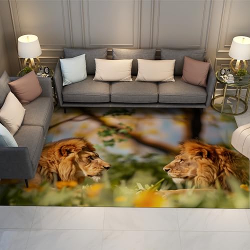 UERWOWELL Großflächenteppich 180x240cm Tropischer Dschungel Natürliche Landschaft Afrikanische Löwen Muster Niederflorteppiche für Wohnzimmer Schlafzimmer Waschbar Schnell Trocknend von UERWOWELL