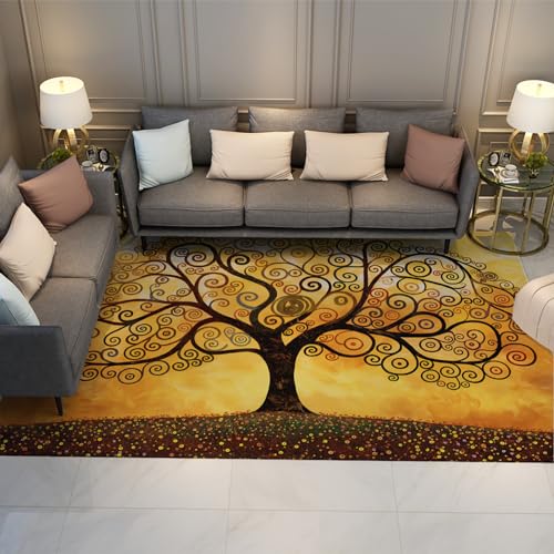 UERWOWELL Gustav Klimt Stil Fußmatte Luxus Teppich Dekor Baum des Lebens Retro Throw Teppiche Mehrfarbig Gelb Anti-Rutsch-Teppiche für Wohnzimmer Schlafzimmer 150x240cm von UERWOWELL