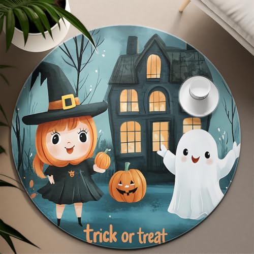 UERWOWELL Halloween-Dekor Kürbis 120cm Runde Teppiche Niedliche Hexe Geist Spukhaus Design Niederflor Boden Teppich für Kinderzimmer Spielzimmer Waschbar UERWOWELL Halloween-Dekor Kürbis 120cm Runde Teppiche Niedliche Hexe Geist Spukhaus Design Niederflor Boden Teppich für Kinderzimmer Spielzimmer Waschbar von UERWOWELL