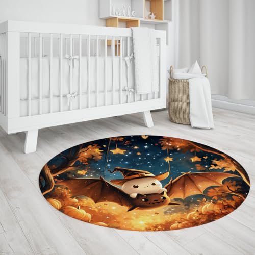 UERWOWELL Halloween-Runder Teppich Niedlicher Geist und Fledermausdruck Gemütliche waschbare niedrigflorige Fußmatten für Kinderzimmer Schlafzimmer Spielzimmer Festliche Räume 90cm von UERWOWELL
