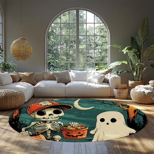 UERWOWELL Halloween-Thema 120cm Runde Teppiche Skelett Geist Mondschein Nacht Design Niedrigflor Boden Teppich für Kinderzimmer Spielzimmer Waschbar Weich UERWOWELL Halloween-Thema 120cm Runde Teppiche Skelett Geist Mondschein Nacht Design Niedrigflor Boden Teppich für Kinderzimmer Spielzimmer Waschbar Weich von UERWOWELL