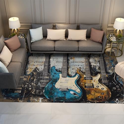 UERWOWELL Hip Hop Stil Dünner Bereich Teppich Buntes Gitarrenmuster Indoor Boden Teppiche für Musikzimmer Klassenzimmer Studio Eintritt rutschfest waschbar 180x340cm von UERWOWELL