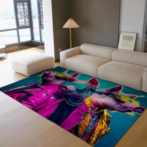 UERWOWELL Indoor Teppich 160x200cm Hip Hop Stil Mode Sonnenbrille Schweine Muster Bodenteppiche für Wohnzimmer Lounge Balkon Eingang Niedriger Flor Waschbar von UERWOWELL
