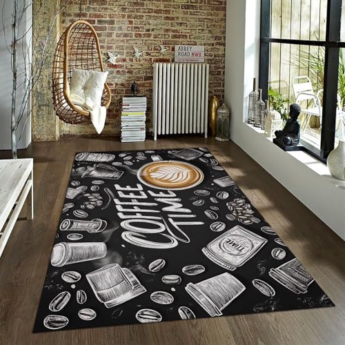 UERWOWELL Kaffeeteppiche mit Latte Art Schwarz und Weiß Kaffeebohnen Graffiti Teppiche mit Gummirücken Waschbar für Patio Cafe Küchenboden 180x240cm von UERWOWELL