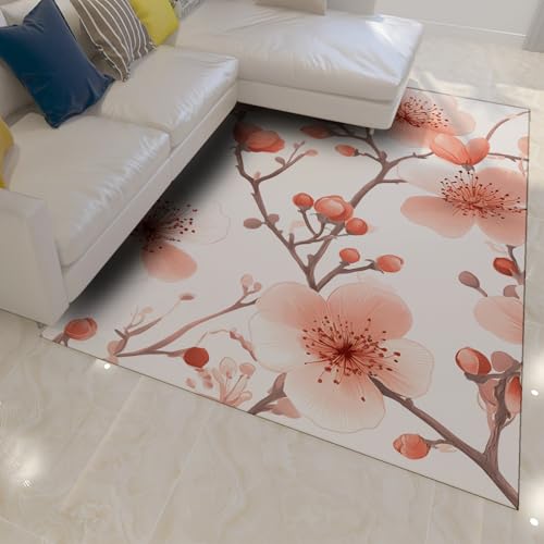 UERWOWELL Kirschblüten Badematte Traditionelle Rote Pflaume Blüte Bäume Astmuster Dünne Bodenteppiche für Wohnzimmer Schlafzimmer Eingangsbereich 140x200cm von UERWOWELL