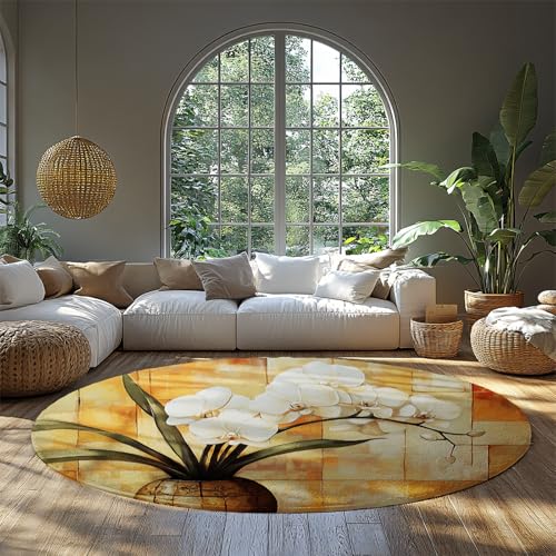 UERWOWELL Kleine runde Teppiche 140cm mit Gummirücken waschbarer Vintage-Vase eleganter weißer Orchideenteppich mit niedrigem Flor für das Arbeitszimmer von UERWOWELL