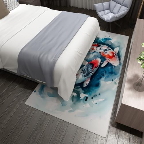 UERWOWELL Koi Fisch 60x90cm Flächenteppich Traditioneller japanischer Stil Feng Shui Koi Muster Fußmatten für Büro Wohnzimmer Küche Niedriger Flor Leicht zu reinigen von UERWOWELL