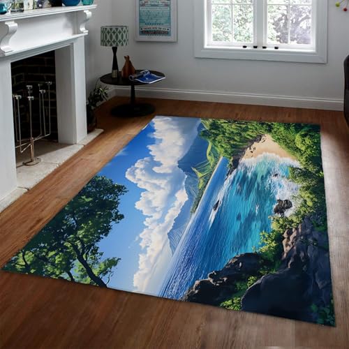 UERWOWELL Küste Natur Landschaft Weicher Teppich Tropische Pflanzen Abwaschbare Bodenmatte Geräuschreduzierung rutschfeste Trägerteppiche für den Büroflur 90x150cm von UERWOWELL