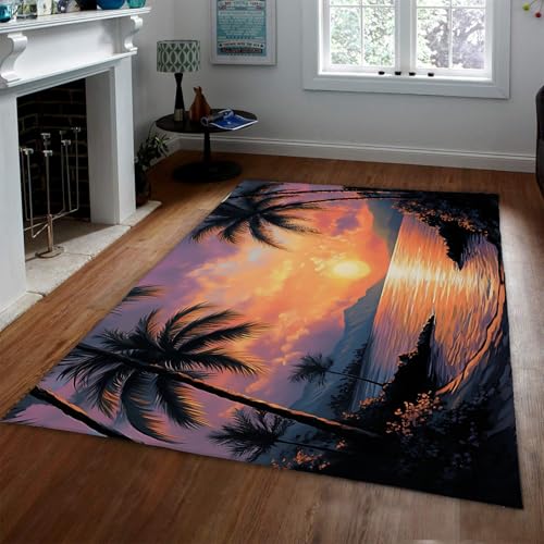 UERWOWELL Küste Sonnenuntergang Dünner Teppich Tropische Palmen Meer Landschaft rutschfeste Fußmatten für Wohnzimmer Schlafzimmer Entspannend Exotisch Wohnkultur 60x90cm von UERWOWELL