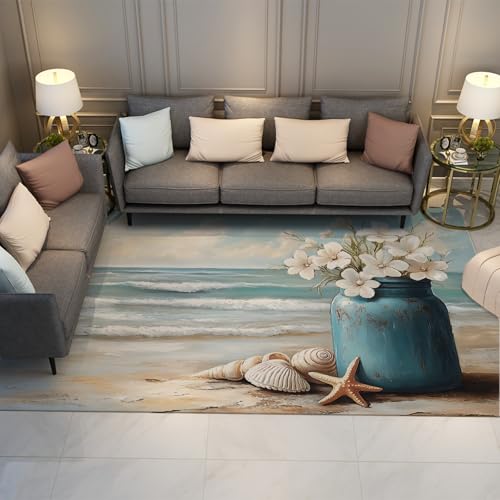 UERWOWELL Küste Strand Szene Dünner Teppich Waschbare Blume Vase Muscheln Seestern Muster Boden Teppiche für Klassenzimmer Wohnzimmer Schlafzimmer 100x150cm von UERWOWELL