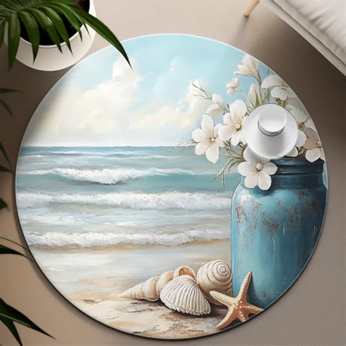 UERWOWELL Küste Strand Szene Runde Teppiche Waschbare Blumenvase Muscheln Seestern Muster Dünner Teppich für Klassenzimmer Wohnzimmer Schlafzimmer 100cm von UERWOWELL