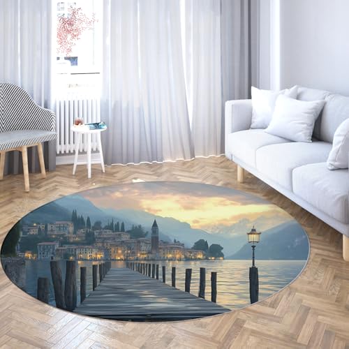 UERWOWELL Lakefront Sunset Runde Teppiche 100cm Evening Dock & Gebäude & Berglandschaft Großer dünner kreisförmiger Teppich für Nachttisch Wohnzimmer Terrasse von UERWOWELL