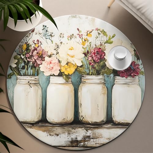 UERWOWELL Land Bauernhaus Kreis Teppich Vintage Weiß Glas Blumen Muster Dünne Teppiche 120cm für Wohnzimmer Büro Küche rutschfest waschbar von UERWOWELL