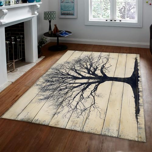 UERWOWELL Landhausstil Bereich Teppiche Schwarz Einsamer Baum Silhouette Druck Dünner Boden Teppich für Schlafzimmer Wohnzimmer Flur Büro Bauernhaus 200x300cm von UERWOWELL