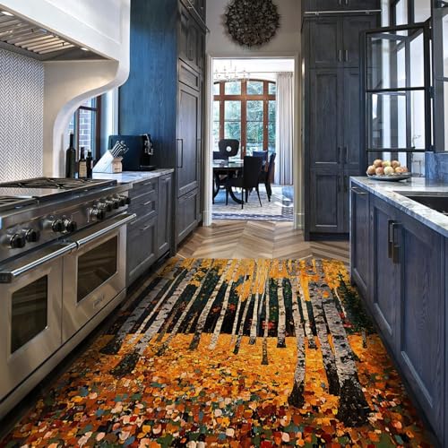 UERWOWELL Landhausstil Großflächenteppich Herbst Birke Wald Gefallene Blätter Landschaft Dünne Fußmatten für Wohnzimmer Schlafzimmer Terrasse Waschbar 60x90cm von UERWOWELL