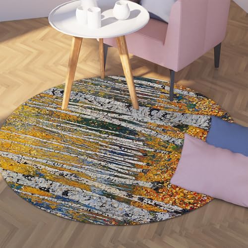 UERWOWELL Landhausstil großer runder Teppich 200cm Herbst Birke Wald gefallene Blätter Landschaft dünne Fußmatten für Wohnzimmer Schlafzimmer Terrasse waschbar von UERWOWELL