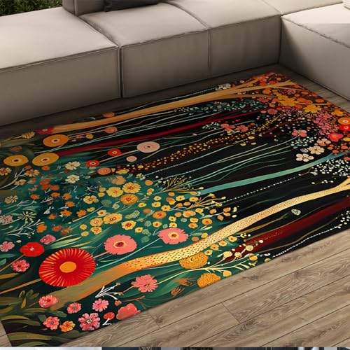 UERWOWELL Lebendige Wildblumen Teppich Traumhafte Waldblumen & Pflanzen Muster Dünne Fußmatten für Wohnzimmer Sofa Schlafzimmer Waschbar rutschfest 90x120cm von UERWOWELL