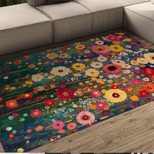 UERWOWELL Lebendiger Blumenteppich Impressionismus Stil Buntes Blumenfeld Muster Dünne Fußmatten für Wohnzimmer Schlafzimmer Waschbar rutschfest 60x120cm von UERWOWELL