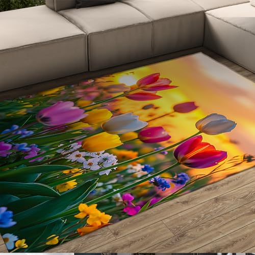 UERWOWELL Lebendiger Blumenteppich für den Innenbereich Waschbarer bunter Tulpen- und Narzissenmuster dünne Teppiche 70x120cm für den Eingangsbereich des Schlafzimmers im Wohnzimmer von UERWOWELL