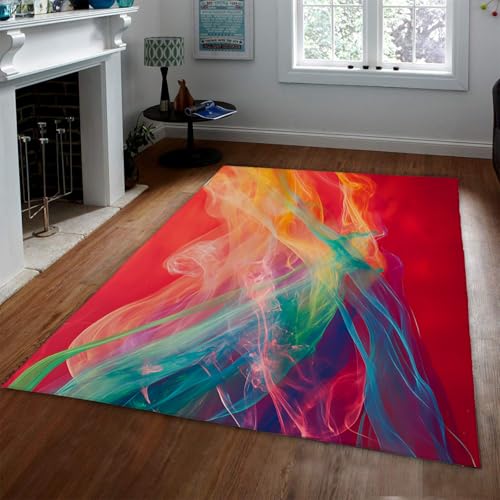UERWOWELL Lebendiges abstraktes Design dünner Teppich buntes Rauchmuster Innenboden Teppiche für Wohnzimmer Schlafzimmer Studio rutschfest waschbar 120x150cm von UERWOWELL