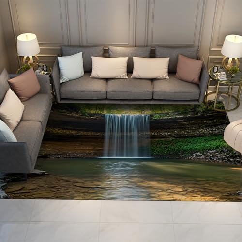 UERWOWELL Leicht zu reinigen Teppiche Tief Wald Kulisse Wasserfall Bäche Grün Natur Landschaft Dünner Teppich Wohnzimmer Arbeitszimmer Schlafzimmer 80x150cm von UERWOWELL