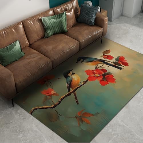 UERWOWELL Leicht zu reinigende Bodenteppiche Klassische Ästhetik Chinesisches Blumen- und Vogelmuster Rutschfester dünner Teppich für den Eingangsbereich des Wohnzimmerbüros 180x300cm von UERWOWELL