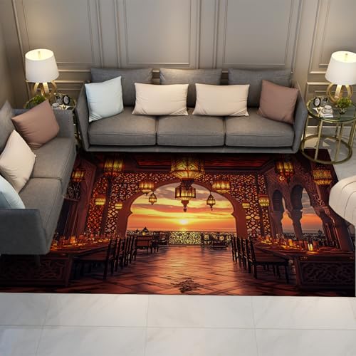 UERWOWELL Leichte waschbare Teppiche rutschfeste dünne Fußmatte exotische Architektur Bogen & Seaside Sunset Teppich für Wohn-Esszimmer-Eingangsbereich 150x200cm von UERWOWELL
