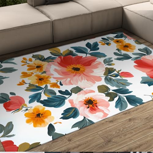 UERWOWELL Luxus Blumen Boden Teppich mit Gummirücken Waschbar Chic Botanische Blumen Dünne Teppiche für Terrasse Deck Hinterhof Veranda rutschfest 140x200cm von UERWOWELL