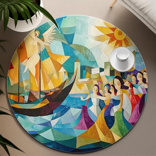 UERWOWELL Märchenstil Runde Teppiche Farbe Mosaik Meer Szene Elegante Mädchen und Boote Druck Dünner Boden Teppich für Wohnzimmer Schlafzimmer 200cm UERWOWELL Märchenstil Runde Teppiche Farbe Mosaik Meer Szene Elegante Mädchen und Boote Druck Dünner Boden Teppich für Wohnzimmer Schlafzimmer 200cm von UERWOWELL