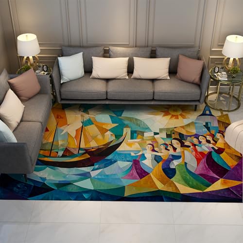 UERWOWELL Märchenstil Teppiche Farbe Mosaik Meer Szene Elegante Mädchen und Boote Druck Dünner Boden Teppich für Wohnzimmer Schlafzimmer 180x270cm von UERWOWELL